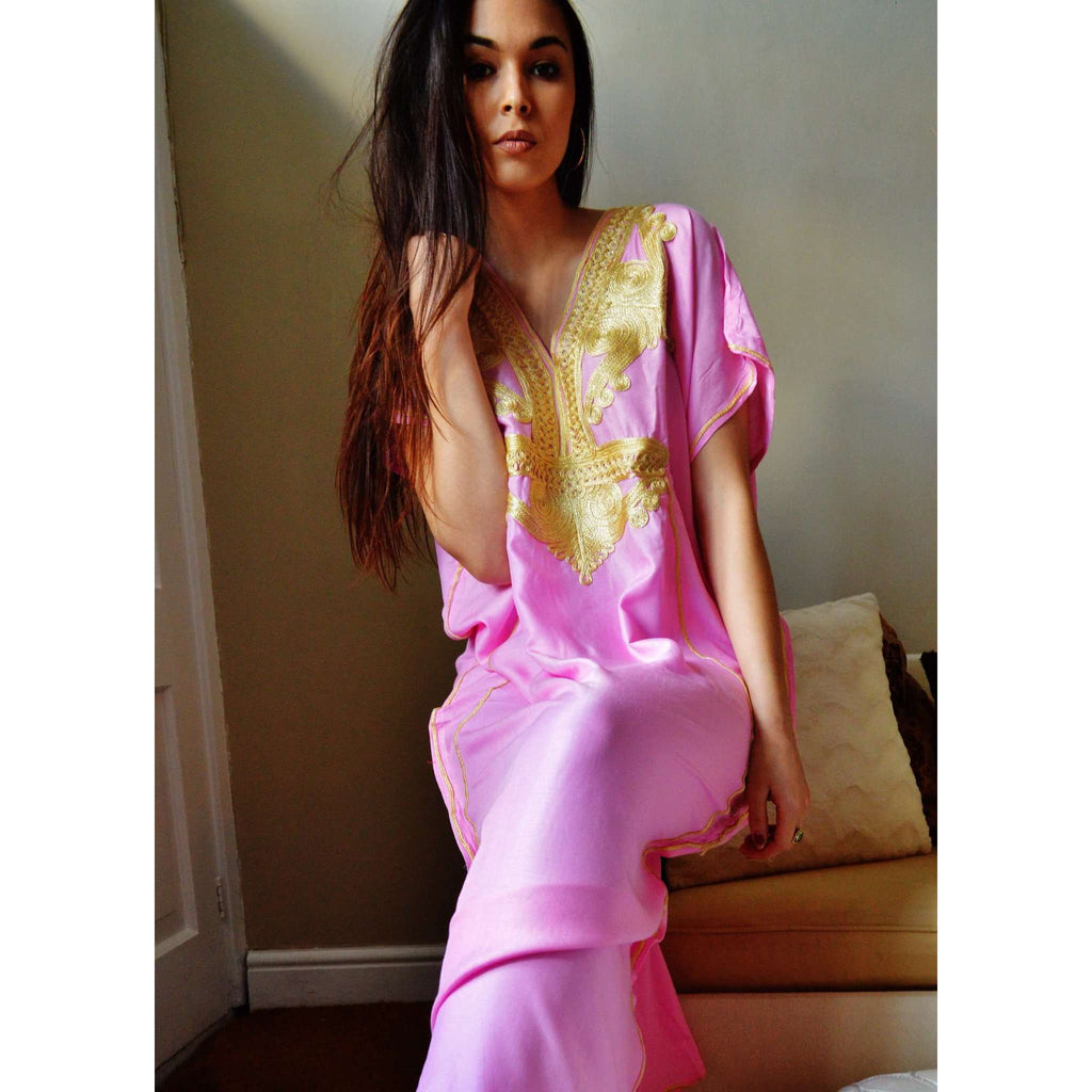 Pink Marrakech Resort Lounge Wear Caftan Kaftan with Gold Embroidery - Maison De Marrakech