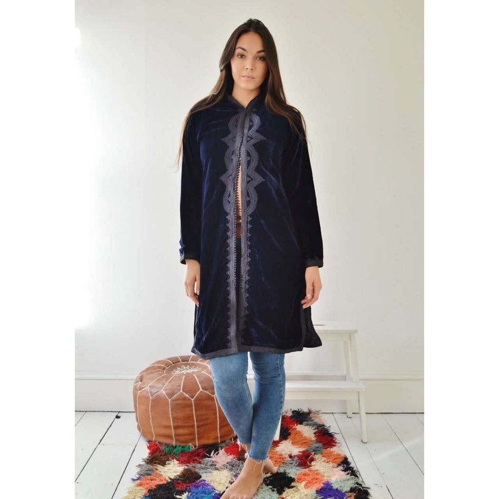 New Navy Blue Velvet Luxury Bohemian Jacket with Black Embroidery- bohemian Jacket - Maison De Marrakech