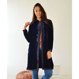 New Navy Blue Velvet Luxury Bohemian Jacket with Black Embroidery- bohemian Jacket - Maison De Marrakech