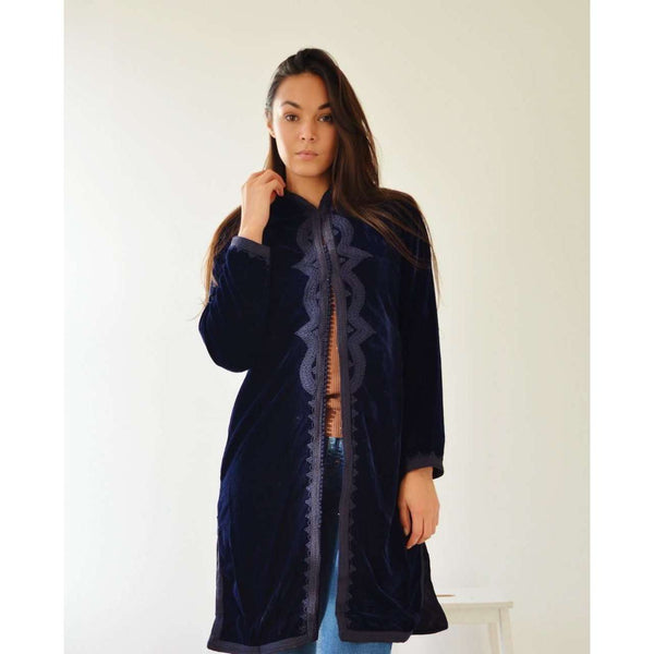 New Navy Blue Velvet Luxury Bohemian Jacket with Black Embroidery- bohemian Jacket - Maison De Marrakech