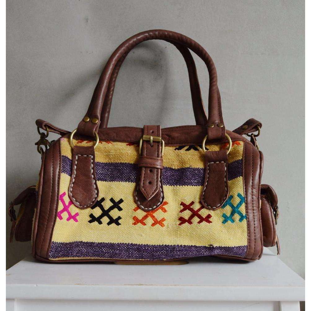 Moroccan Kilim Leather Satchel Cross Shoulder Straps Berber style No.3 - Maison De Marrakech