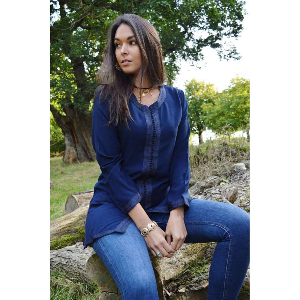 Autumn New Navy Blue Magrib Moroccan Embroidery Shirt Tunic - Maison De Marrakech