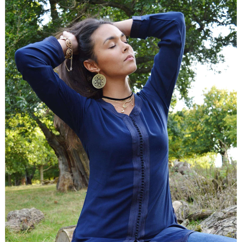 Autumn New Navy Blue Magrib Moroccan Embroidery Shirt Tunic