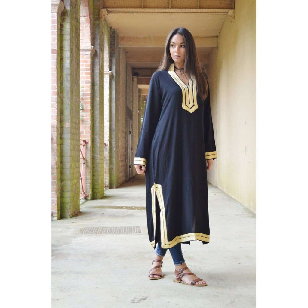 Black Kaftan Mariam Style Moroccan Embroidered Cotton Kaftan