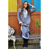 Grey Long Kaftan Caftan with White Embroidery- Mariam Style - Maison De Marrakech