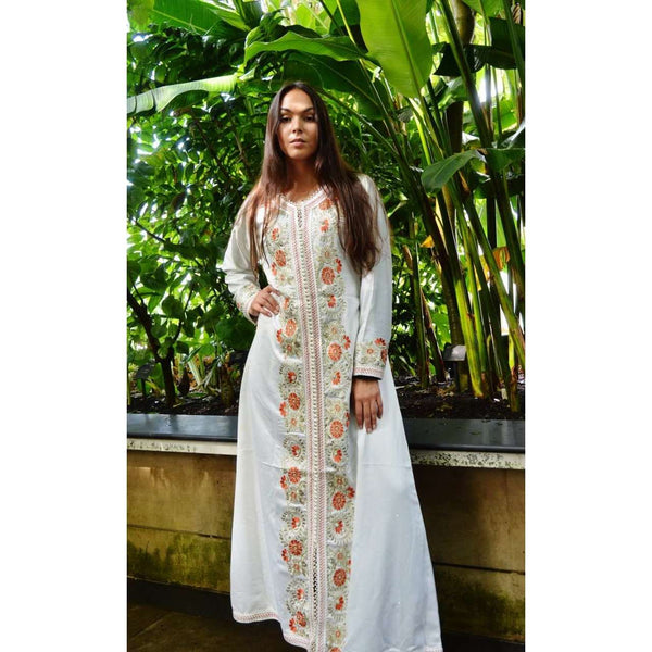 White Floral Moroccan Takchita Party Kaftan-Flora Style - Maison De Marrakech