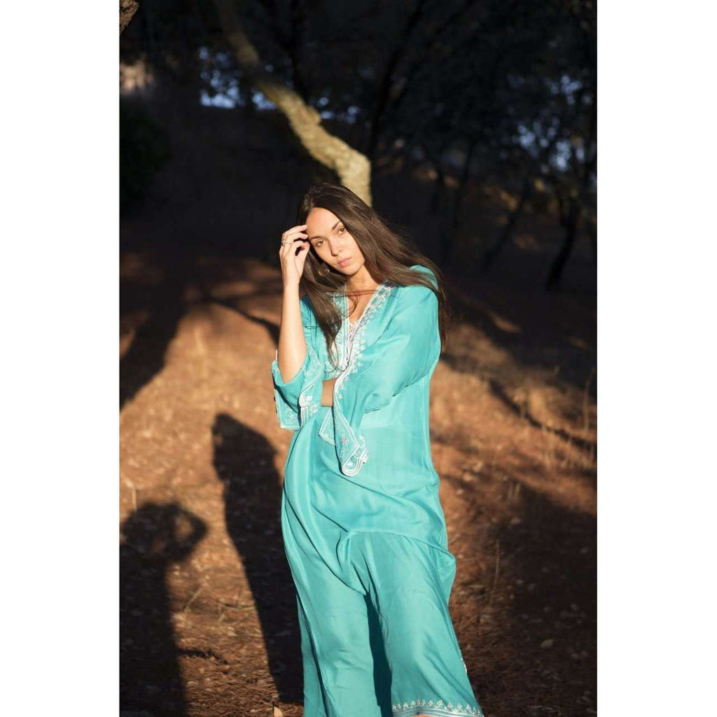 Emerald Green with White Caftan Kaftan Nadia Maxi Dress-moroccan kaftan - Maison De Marrakech