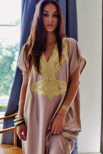 Beige Marrakech Resort Lounge Wear Caftan Kaftan with Gold Embroidery - Maison De Marrakech