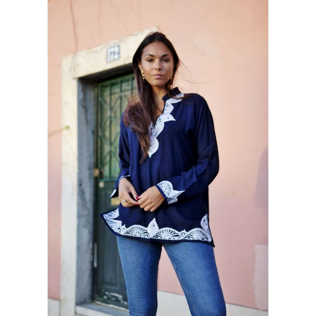 Navy Blue Salma Moroccan Tunic- Embroidery Tunic - Maison De Marrakech