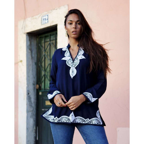 Navy Blue Salma Moroccan Tunic- Embroidery Tunic - Maison De Marrakech