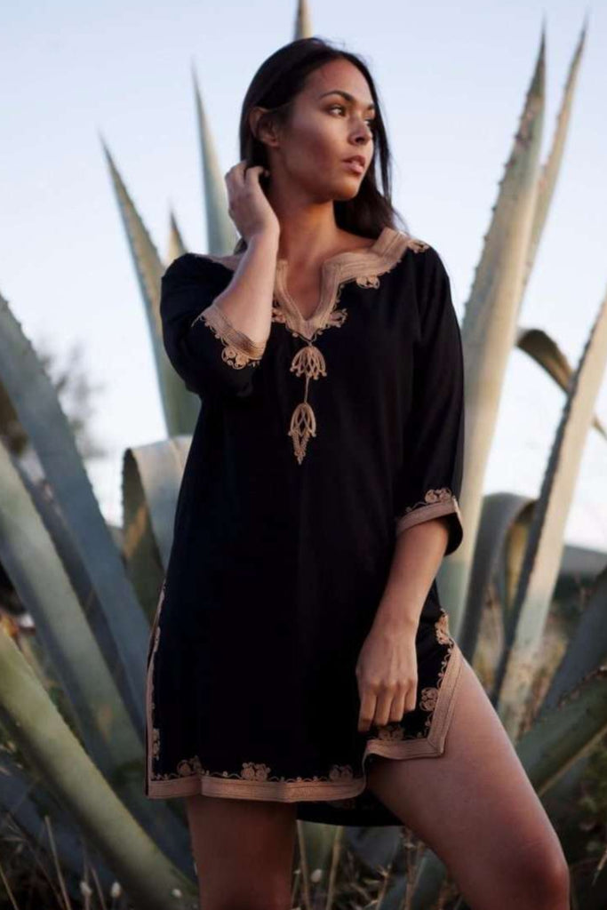 Black Tunic with Dark Golden Moroccan Embroidery-  Kalina Style Morccan Tunic - Maison De Marrakech