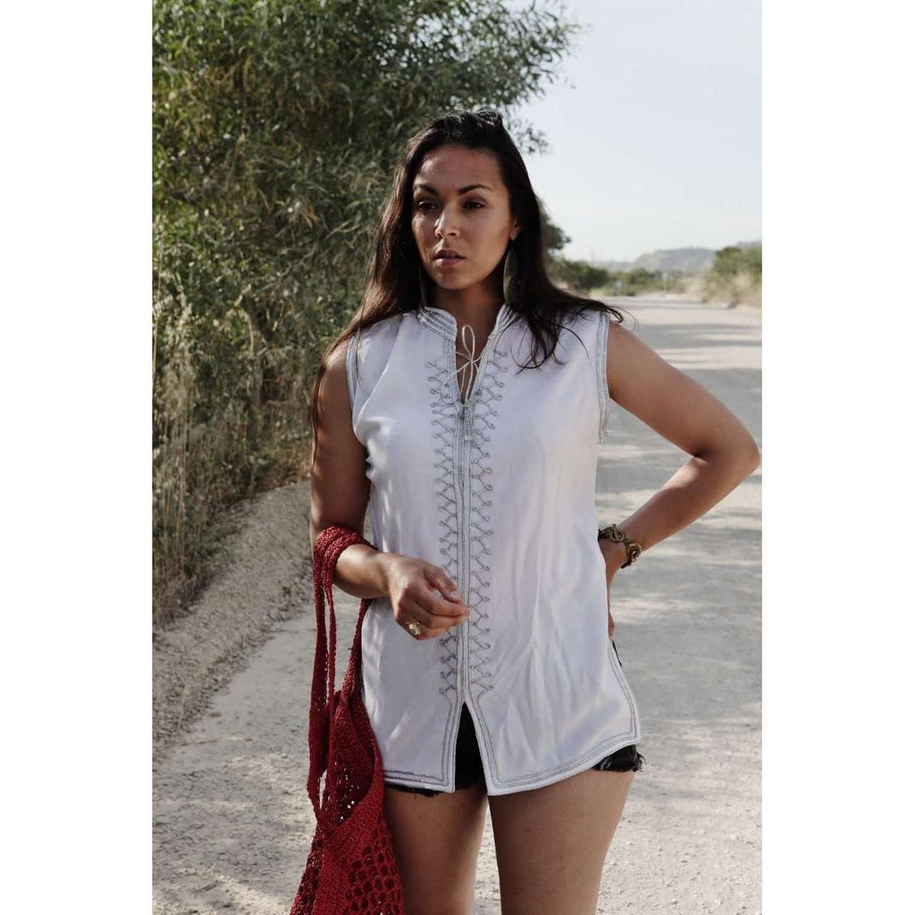 White & Silver Zigzag Embroidery Tunic Shirt- for resort wear, boho wear, beach wear, lounge wear,White & Silver Zigzag Embroidery Tunic Shirt- for resort wear, boho wear, beach wear, lounge wear