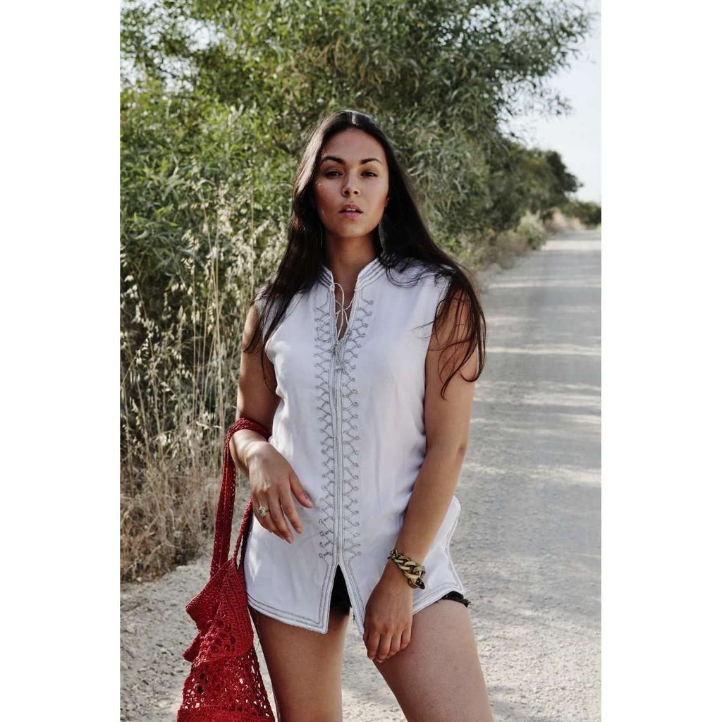 White & Silver Zigzag Embroidery Tunic Shirt- for resort wear, boho wear, beach wear, lounge wear,White & Silver Zigzag Embroidery Tunic Shirt- for resort wear, boho wear, beach wear, lounge wear