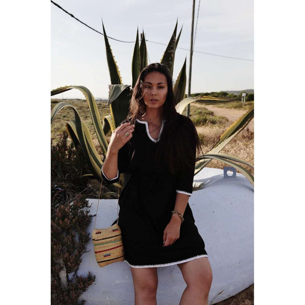 Black & White Rabat Hand Embroidered Moroccan Tunic Dress-Moroccan Dress, Lounge wear