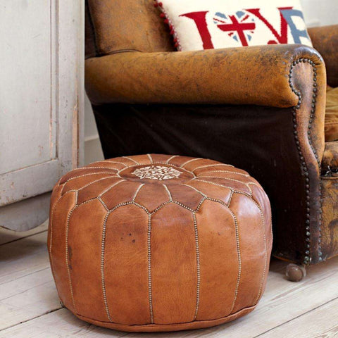 Tan Brown Moroccan Leather Pouf -for Gifts - Maison De Marrakech