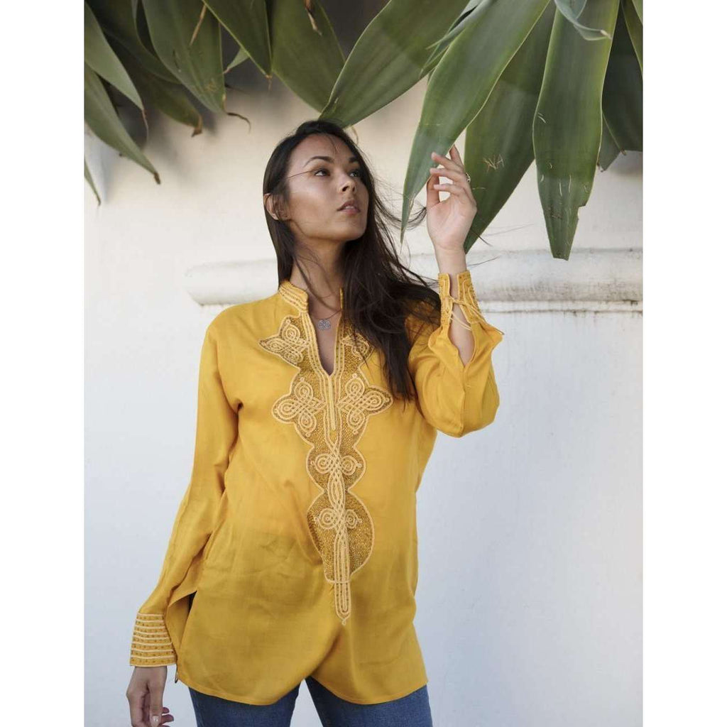 Dark Yellow Moroccan Bedouin Tunic- tunic, shirt, moroccan shirt, embroidery tunic - Maison De Marrakech