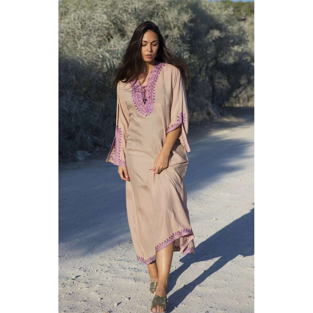 Beige with Lilac Caftan Kaftan Nadia Maxi Dress-moroccan kaftan - Maison De Marrakech