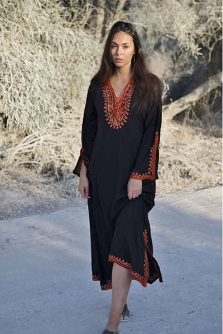 Black with Orange Caftan Kaftan Nadia Maxi Dress-moroccan kaftan - Maison De Marrakech