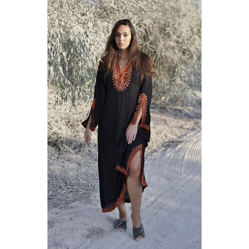 Black with Orange Caftan Kaftan Nadia Maxi Dress-moroccan kaftan - Maison De Marrakech