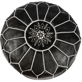 Black with White Moroccan Leather Pouffe Pouf - Maison De Marrakech