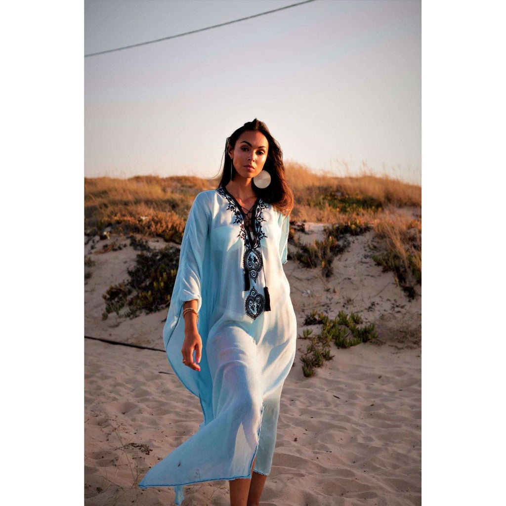 Light Blue Embroidery Resort Caftan Kaftan -beach cover up,Light Blue Embroidery Resort Caftan Kaftan -beach cover up