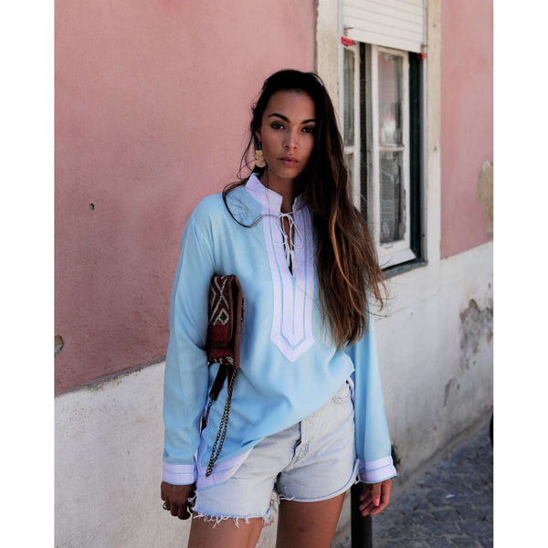 Light Blue Mariam Moroccan Tunic Shirt- Resortwear, Loungewear, Holidaywear, bohemian style tunic,Light Blue Mariam Moroccan Tunic Shirt- Resortwear, Loungewear, Holidaywear, bohemian style tunic