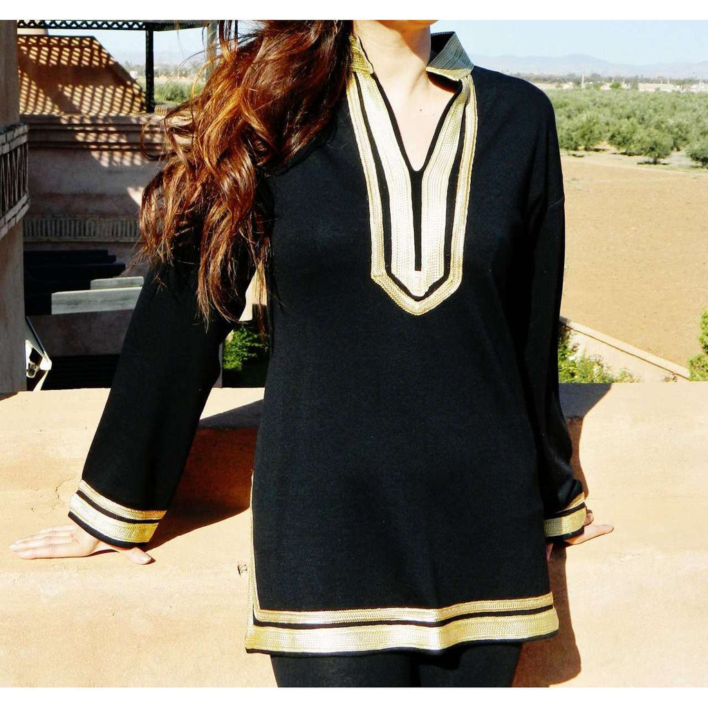Mariam Black Tunic with Golden Embroidery- perfect for resort wear, boho wear, as birthday gifts - Maison De Marrakech