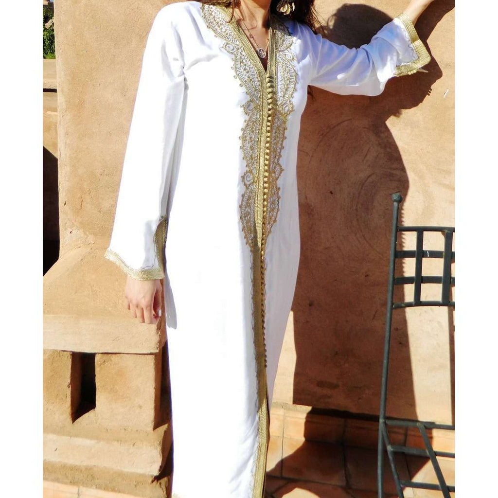 White with Gold Moroccan Kaftan-Lella Style - Maison De Marrakech