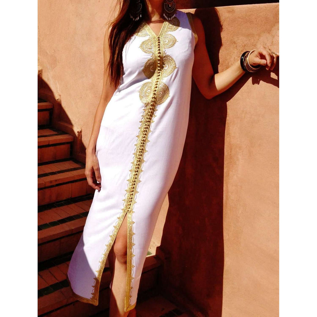White Non Sleeve Kaftan -Kenza Style - Maison De Marrakech