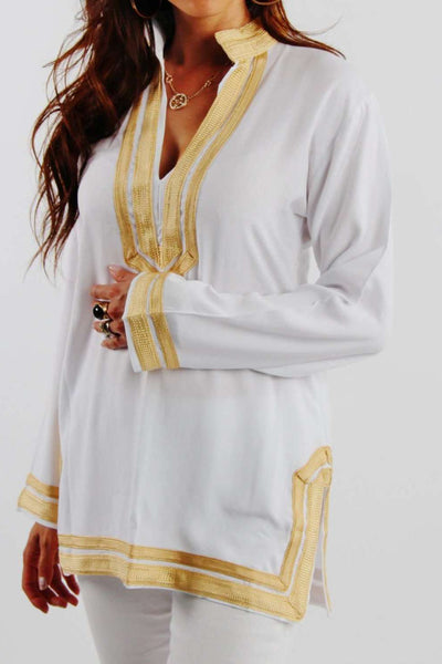 Mariam Style White Tunic with Golden Embroidery - Maison De Marrakech