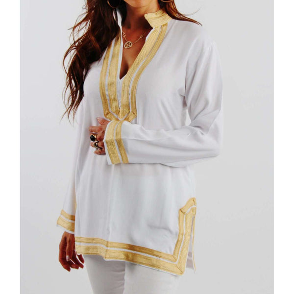 Mariam Style White Tunic with Golden Embroidery - Maison De Marrakech