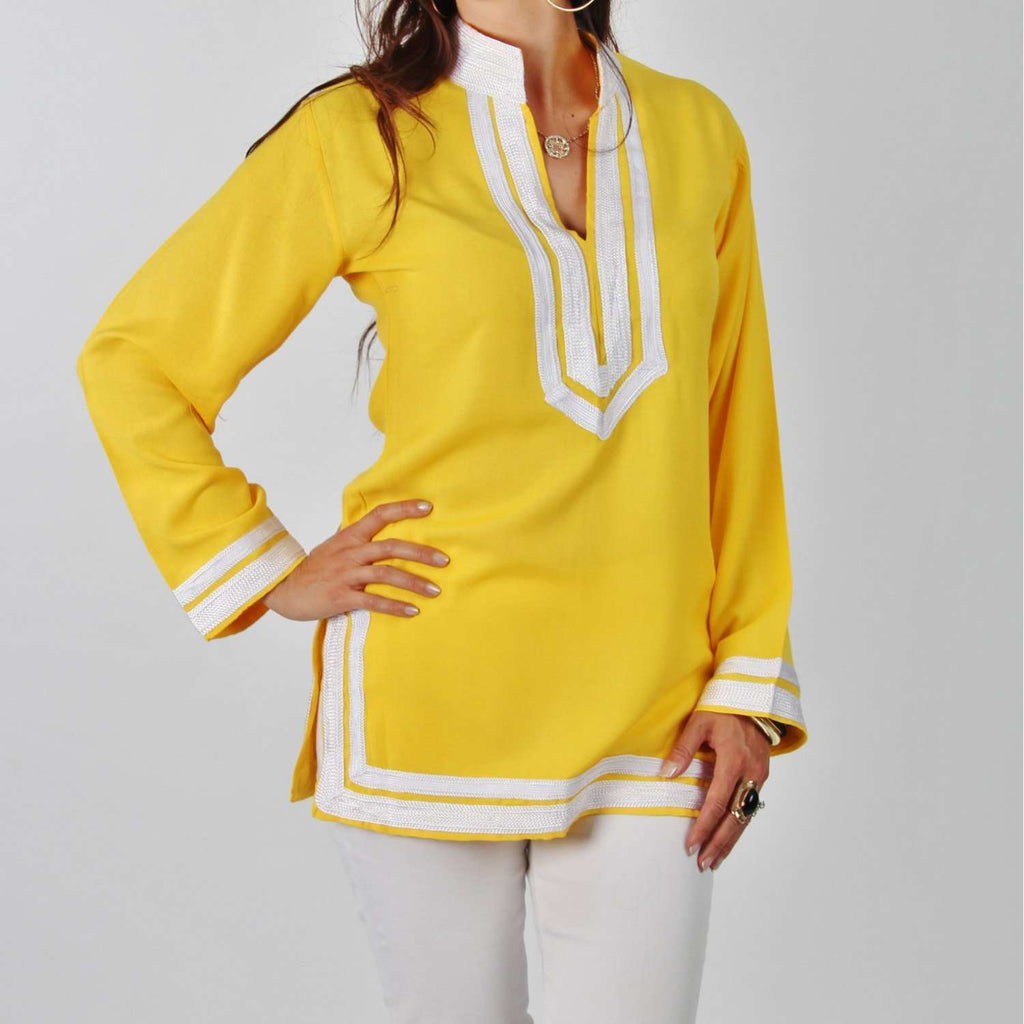 Mariam Style Yellow Tunic with White Embroidery - Maison De Marrakech