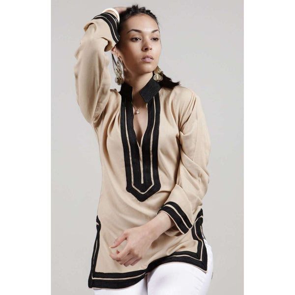 Beige Tunic with Black Embroidery- Mariam - Maison De Marrakech