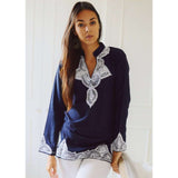 Navy Tunic with White Embroidery-Salma Style - Maison De Marrakech