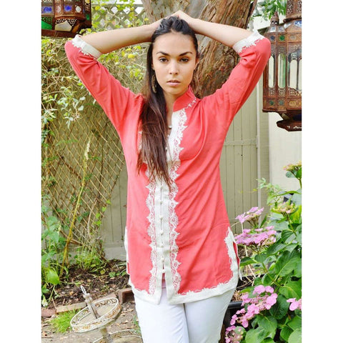 Handmade Salmon Pink and White Moroccan Tunic - Maison De Marrakech