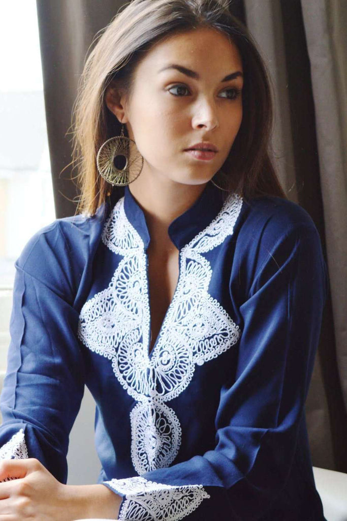 Navy Tunic with White Embroidery-Salma Style - Maison De Marrakech