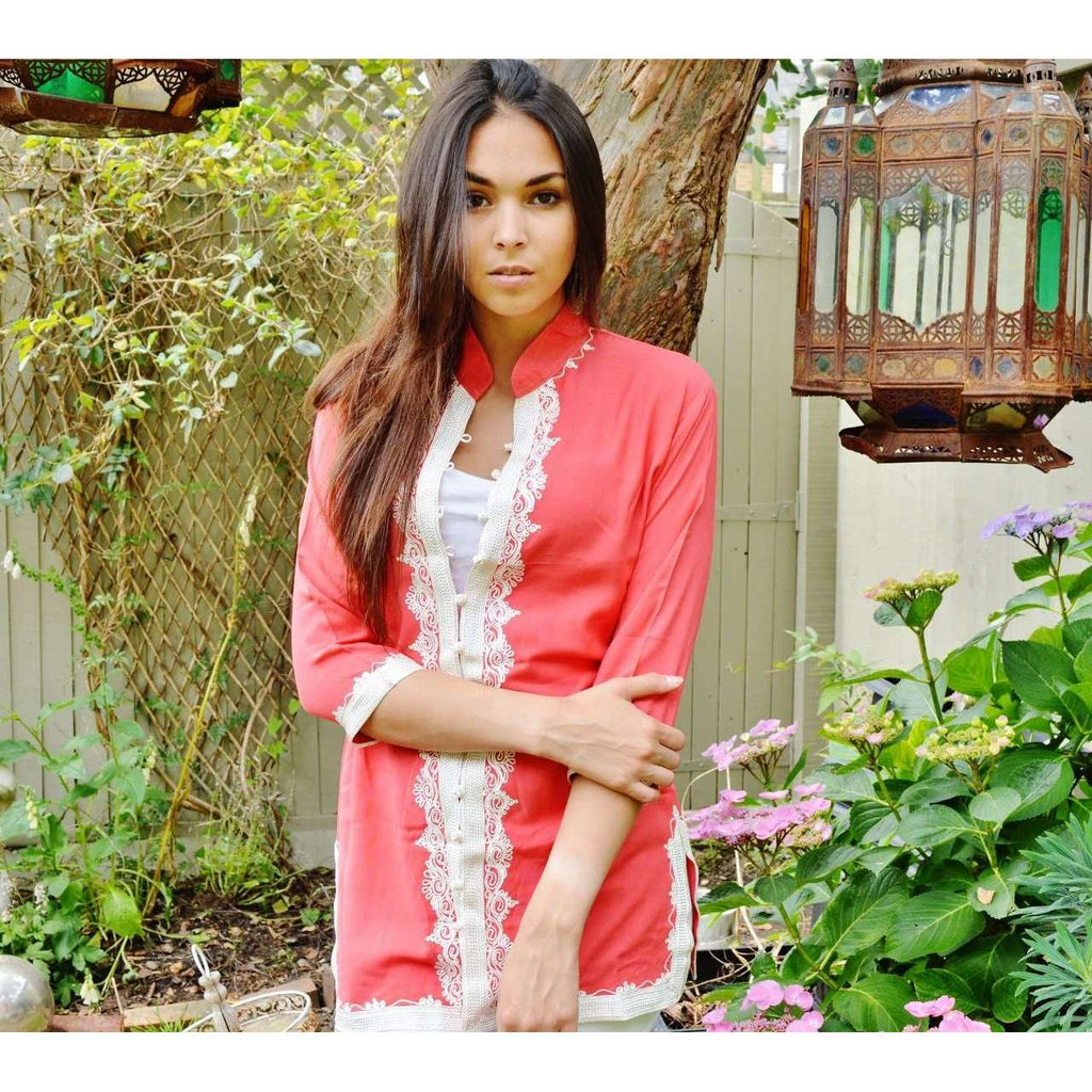 Handmade Salmon Pink and White Moroccan Tunic - Maison De Marrakech