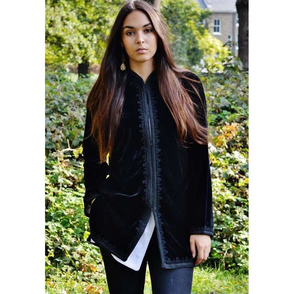 Black Velvet Luxury Bohemian Jacket with Black Embroidery- bohemian Jacket - Maison De Marrakech