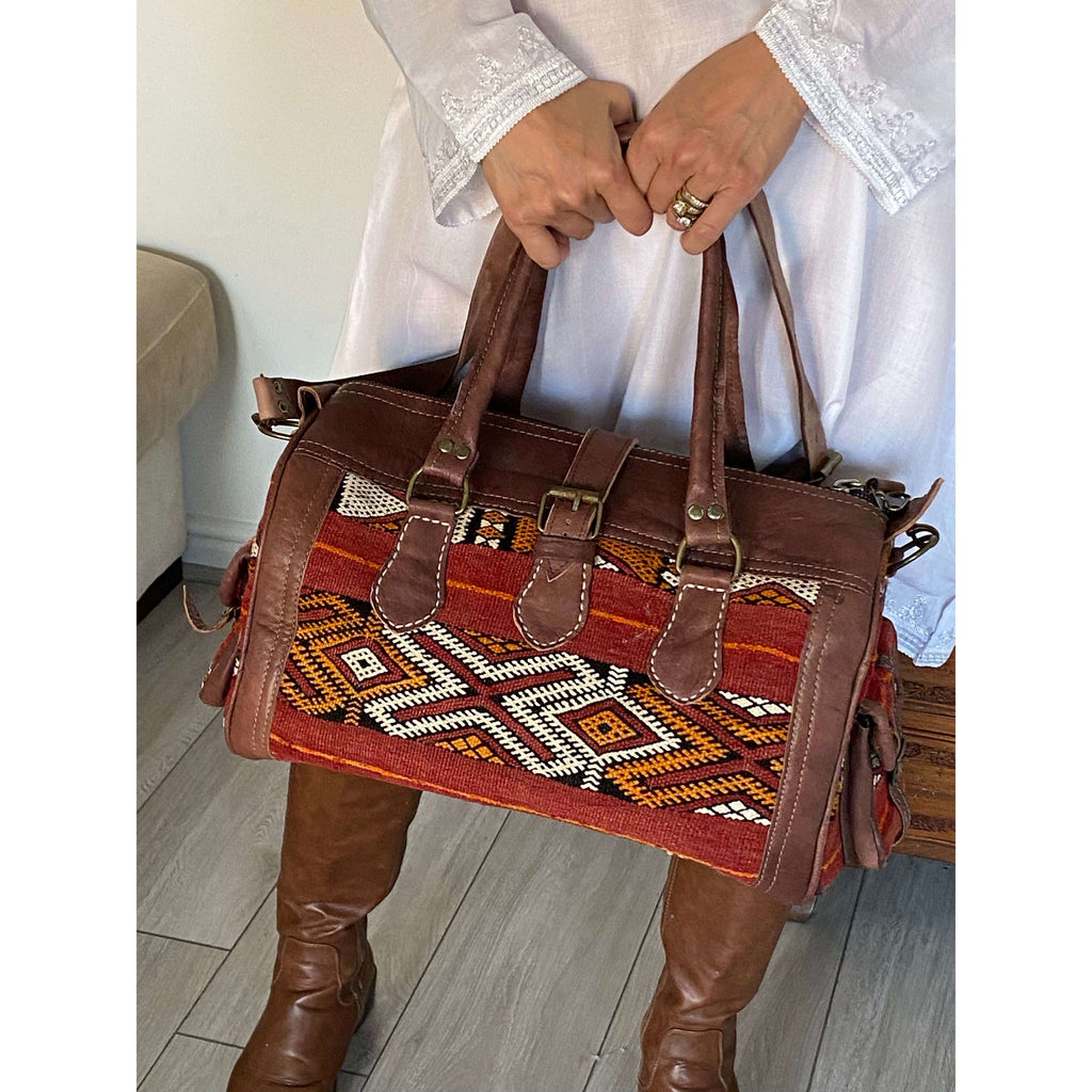 Moroccan Red & Orange Kilim Leather Satchel Cross Shoulder Straps Berber Weekend Bag,Moroccan Red & Orange Kilim Leather Satchel Cross Shoulder Straps Berber Weekend Bag