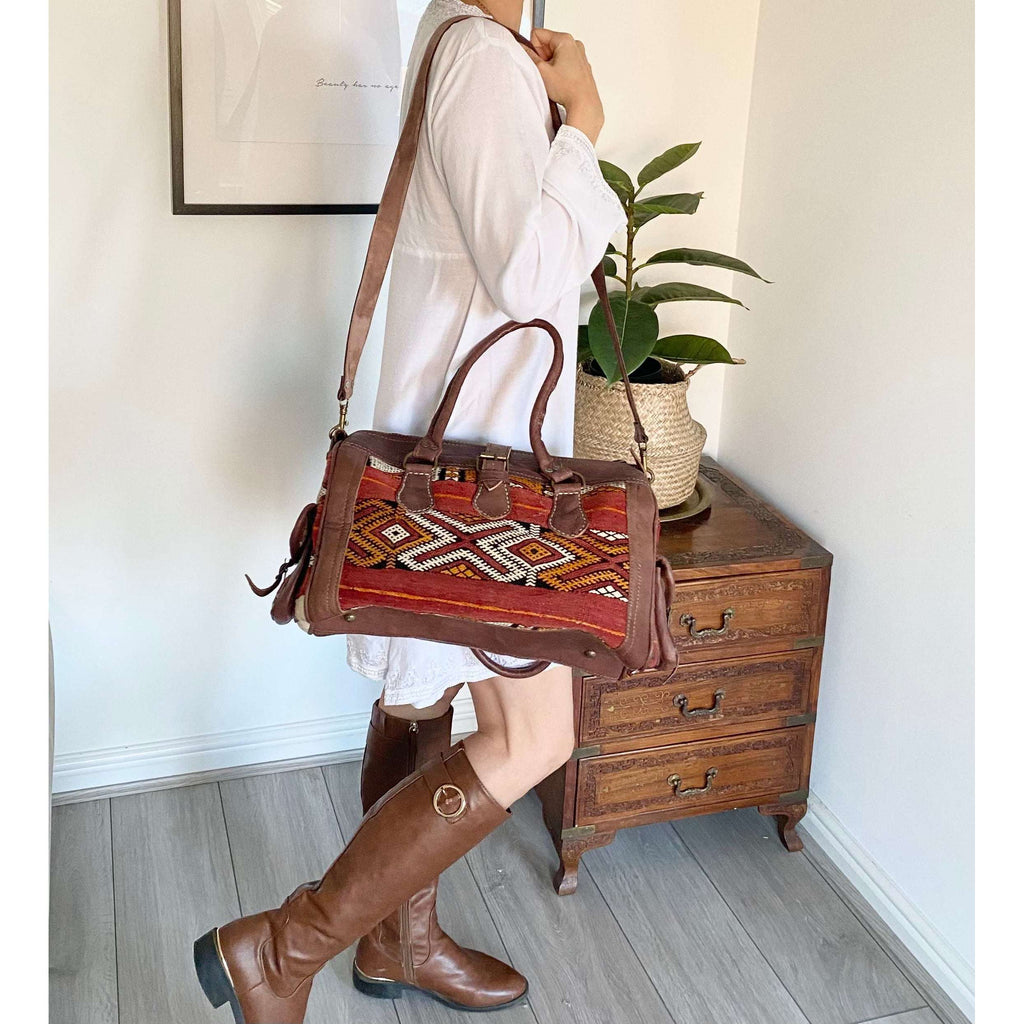 Moroccan Red & Orange Kilim Leather Satchel Cross Shoulder Straps Berber Weekend Bag,Moroccan Red & Orange Kilim Leather Satchel Cross Shoulder Straps Berber Weekend Bag