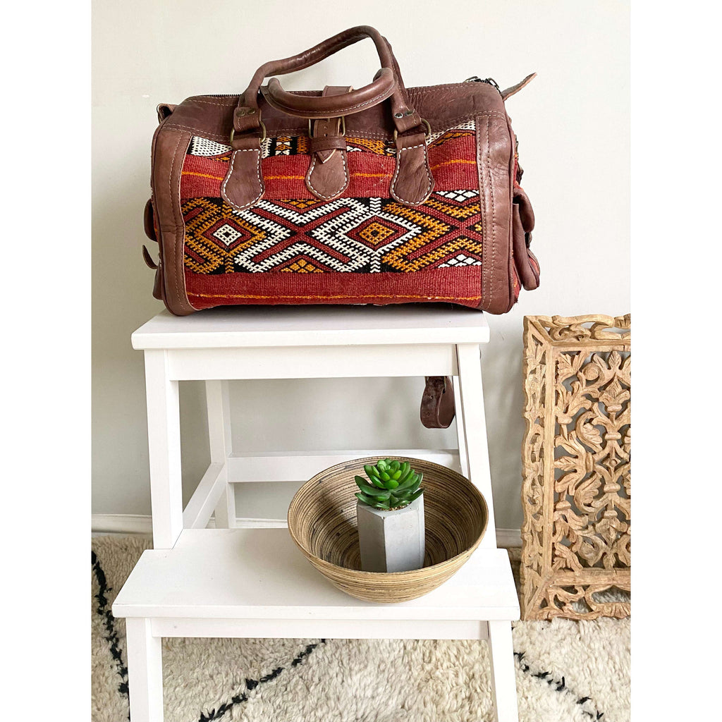 Moroccan Red & Orange Kilim Leather Satchel Cross Shoulder Straps Berber Weekend Bag