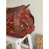 Moroccan Red & Orange Kilim Leather Satchel Cross Shoulder Straps Berber Weekend Bag,Moroccan Red & Orange Kilim Leather Satchel Cross Shoulder Straps Berber Weekend Bag