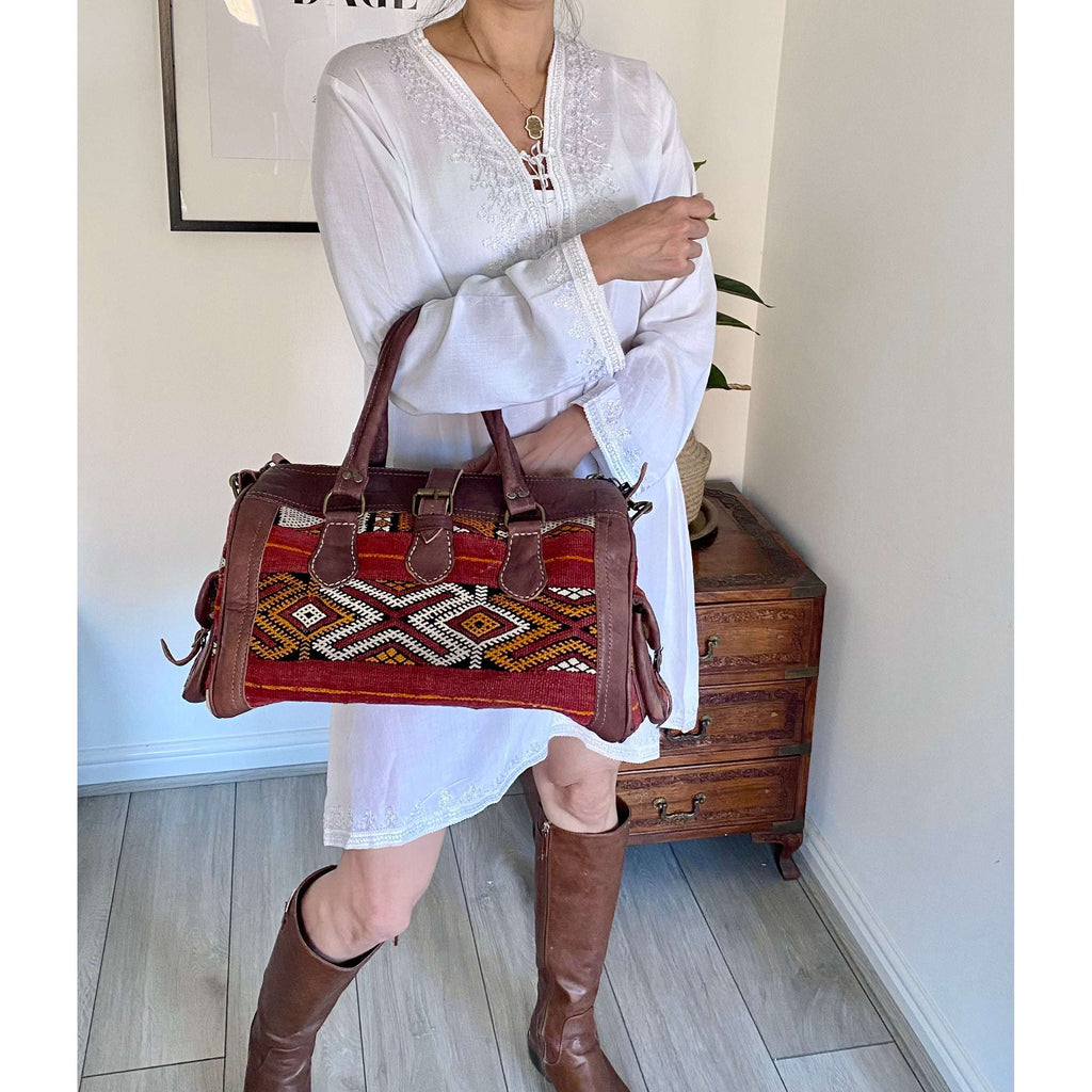 Moroccan Red & Orange Kilim Leather Satchel Cross Shoulder Straps Berber Weekend Bag,Moroccan Red & Orange Kilim Leather Satchel Cross Shoulder Straps Berber Weekend Bag
