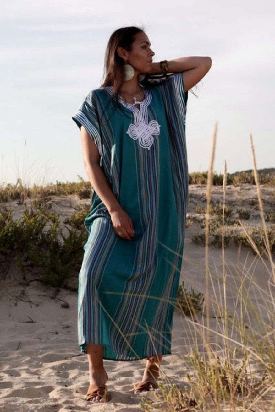 Women's Moroccan Abaya Kaftan - Blue Beige Stripe main image 1