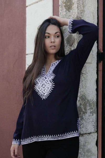 Asmahan Style Navy Blue Embroidery Tunic - Maison De Marrakech