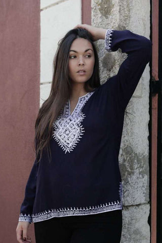 Asmahan Style Navy Blue Embroidery Tunic - Maison De Marrakech