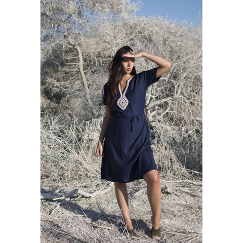 Navy Blue Diamond Pattern Carla Embroidery Tunic Dress-Moroccan Dress - Maison De Marrakech