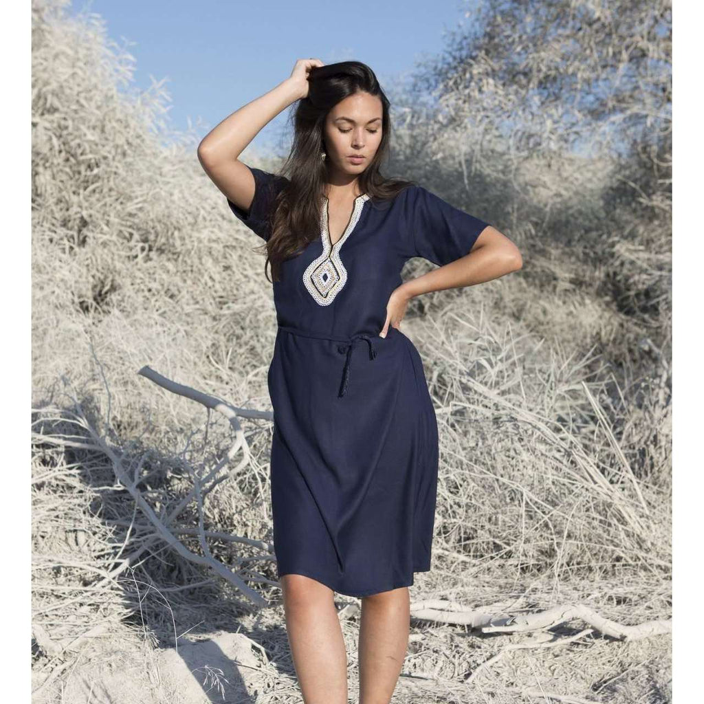 Navy Blue Diamond Pattern Carla Embroidery Tunic Dress-Moroccan Dress - Maison De Marrakech