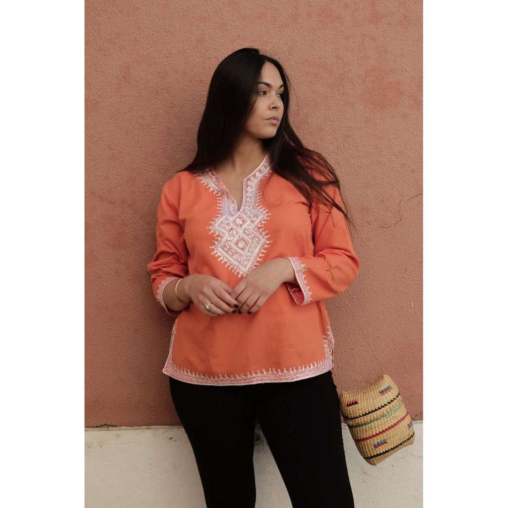 Asmahan Style Orange Embroidery Tunic - Maison De Marrakech