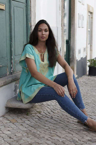 Anabelle Style Emerald Green with Gold Embroidery Tunic-Moroccan Tunic - Maison De Marrakech